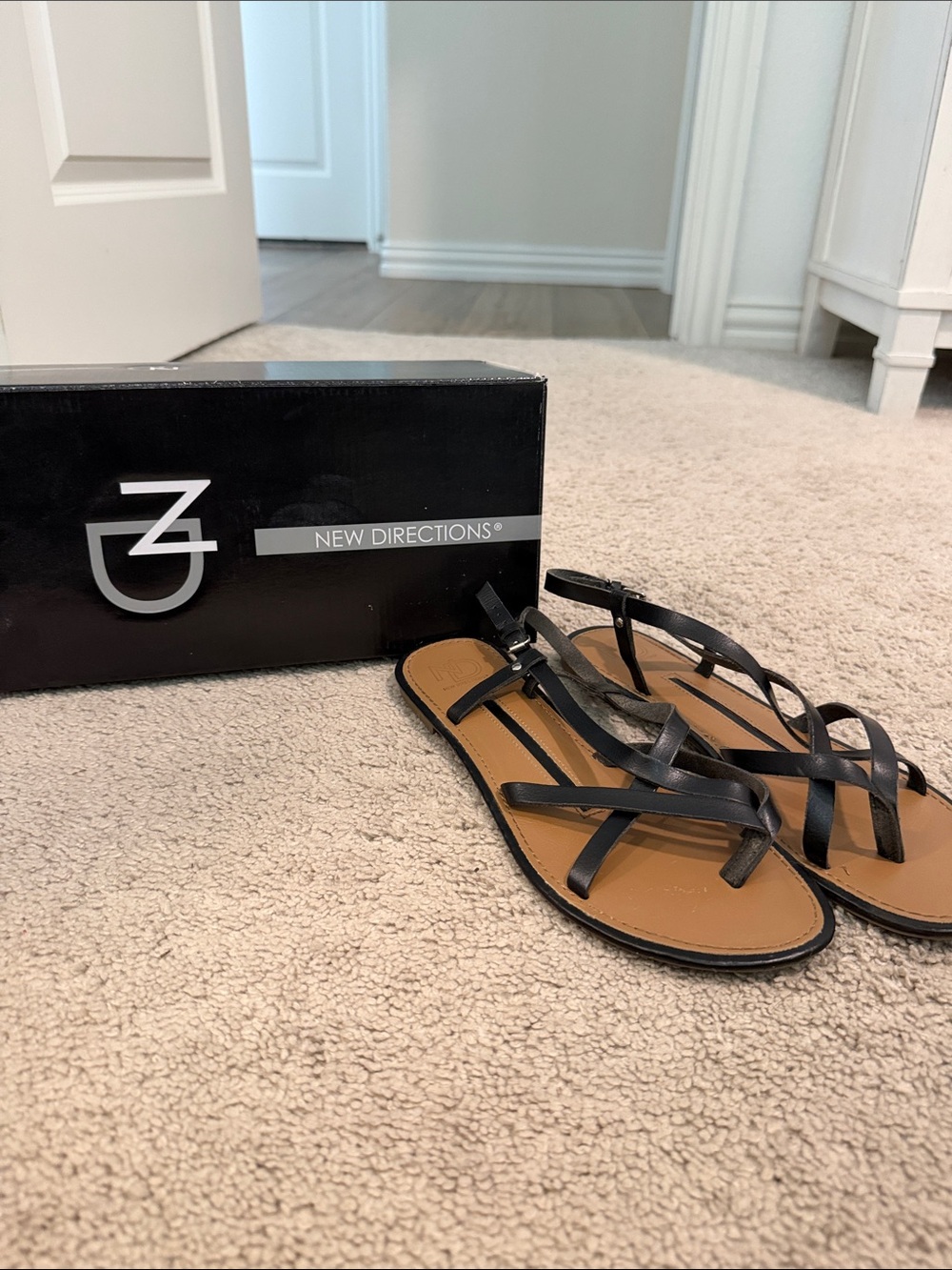 new directions Black Strappy Sandals with Tan Footbed